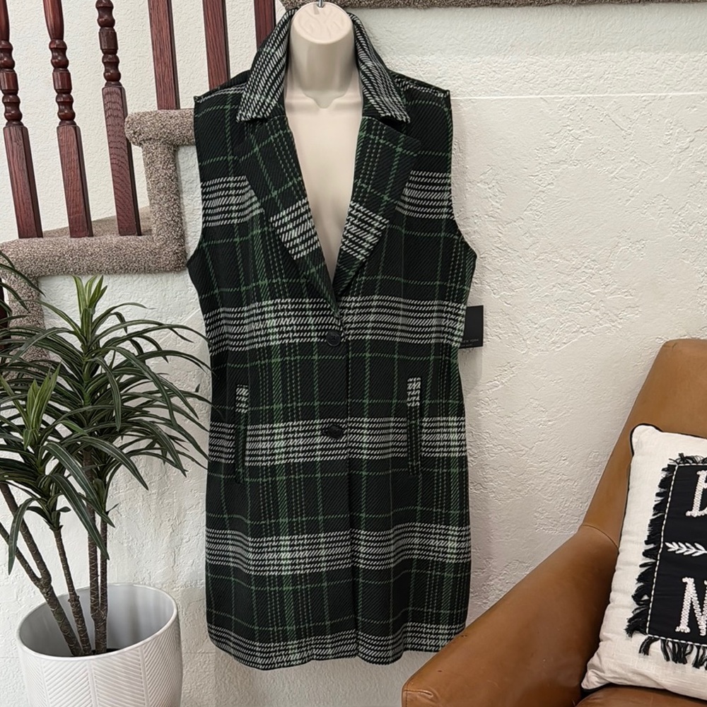 MARC NEW YORK Women’s Green Chic Plaid Sleeveless Blazer Vest Jacket Sz L NWT